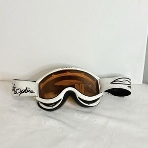 Smith Optics snow goggles with a white frame and orange/amber lens